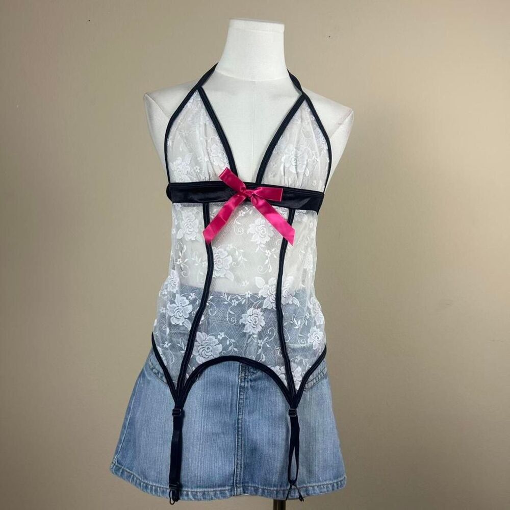Shirley of Hollywood White and Pink Halter Tie Lingerie Top